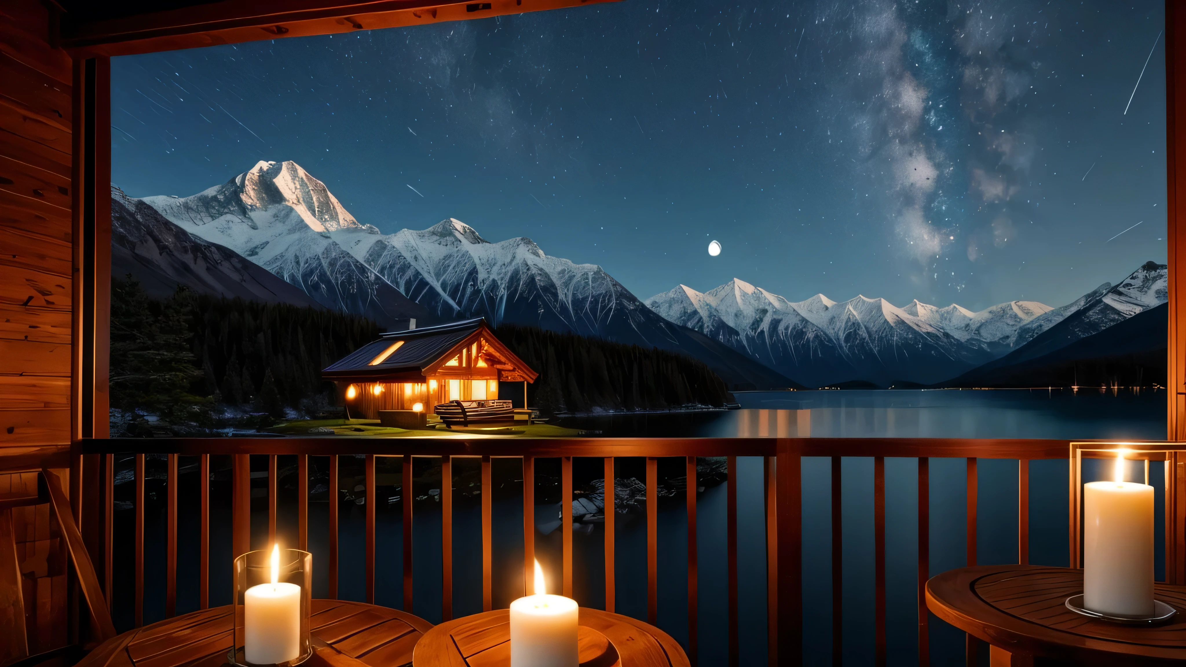 A distant mountain hut in the moonlight、Candle flame、lake、Balcony
