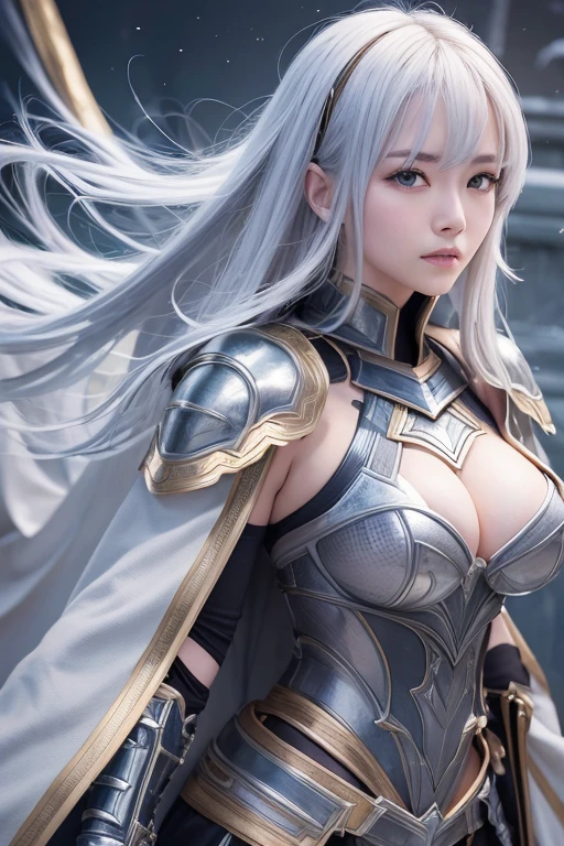 8K、Big breasts Very detailedな、masterpiece、Highest quality、(Very detailed)、Dynamic Angle、Mysterious look、Wind effects、Fantasyの背景、Rim Light、Cinematic Light、Ultra-high resolution、8K えー、Film Grain、Best Shadow、delicate、to be born、Particles of light、Fine skin、Detailed Armor Textures、Detailed face、Complexディテール、Very detailedな、Shine、A powerful deception、Silver Armor、(Have a weapon)、Slashing、Slashing Action、Big and ample breasts,Scapula、Shine目、 Long Cape、Fantasy、(to be bornきto be bornきとした)、Pauldrons、Complex、Complex、Perfect lighting、Looking at the audience、Cinema Lighting、fly in the sky、Flight、Holy Light、wonderful、bangs、that'the wind is strong、Frozen Mountain々々、Wavy black hair、The Lich Queen,sexy,charm,Short Bob,An elaborately decorated breastplate,