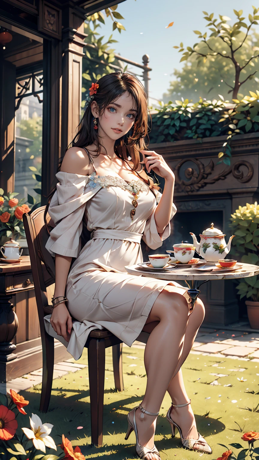 24 year old Caucasian female、Sexy proportions、Sexy、smile、smile、happiness、Flower-filled palace gardens、Tables and chairs on the lawn、A complete English tea set is placed on the table.、Sit in a chair and enjoy afternoon tea time、Wear an off-the-shoulder dress、Wear stiletto heels、Cowboy Shot