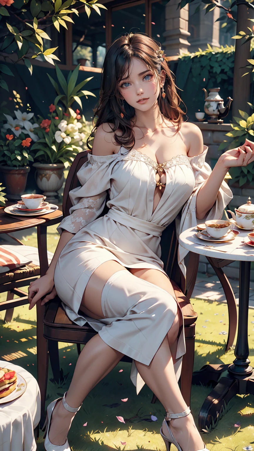 24 year old Caucasian female、Sexy proportions、Sexy、smile、smile、happiness、Flower-filled palace gardens、Tables and chairs on the lawn、A complete English tea set is placed on the table.、Sit in a chair and enjoy afternoon tea time、Wear an off-the-shoulder dress、Wear stiletto heels、Cowboy Shot