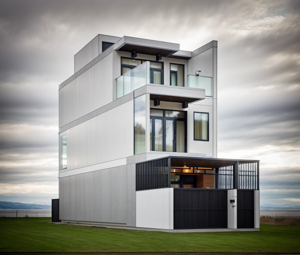 house exterior contemporary style, modernism, glass doors and windows,black metal rail, conwood ceilling, masterpiece, highquality, realistic photo, canon eos 5D mark, natural light, 