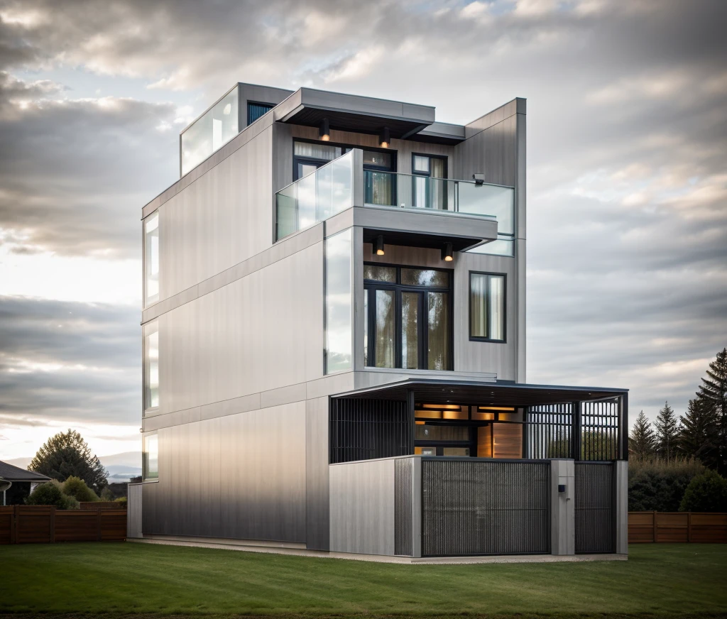 house exterior contemporary style, modernism, glass doors and windows,black metal rail, conwood ceilling, masterpiece, highquality, realistic photo, canon eos 5D mark, natural light, 