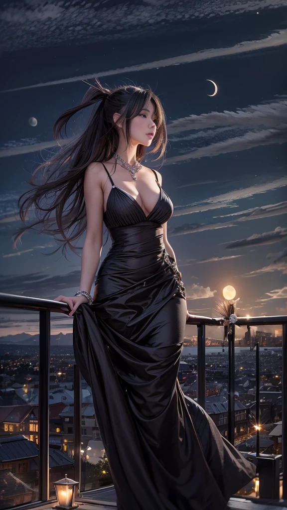 (32k:1.5, Highest quality, masterpiece, Ultra-high resolution), Perfect dynamic composition, Professional camera work:1.6, Very detailedな肌と顔の質感:1.3, Mysterious portrait:1.3, Very accurate, Very detailed, One Girl, ((Night view from the rooftop, The moonlight at night illuminates my body)), (Black Satin Nightgown:0.5), Incredibly slim body, Fair skin, Very beautiful face, (Big eyes that exude beautiful :0.9, A dreamy look:1.0, I love you with all my heart:0.8, Please open your mouth a little, lipstick, Feel the beautiful :0.7), (Wet dark brown medium length hair), Candles, The chest is medium, Earrings, necklace, bracelet, Tilt, get up, ((attractive, Hair blowing in the wind))