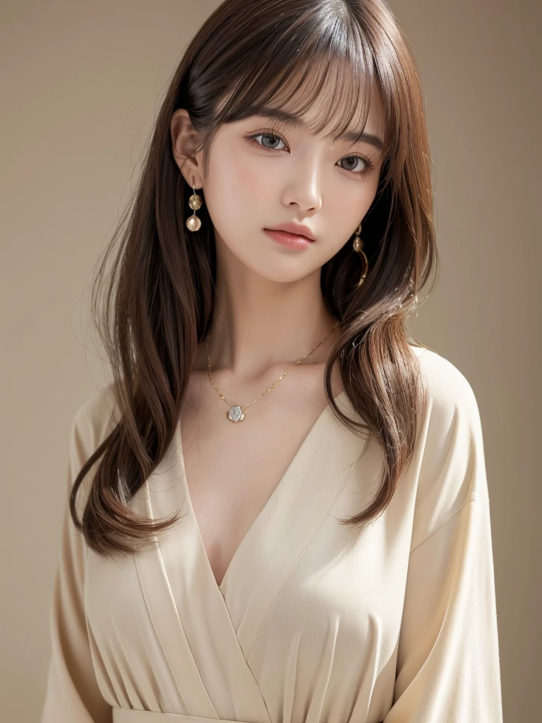 ((Highest quality, 8K, masterpiece:1.3)), concentrate: 1.2, Perfect body beauty: 1.4, Hips: 1.2, ((Long Hair, chest: 1.2)), (Dry clothes: 1.1) , (clear, Simple Background:1.3), Simple clothes: 1.1, Highly detailed face and skin texture,Delicate eyes, double eyelid, Whitened skin, Rough skin、Long Hair、Earrings with bangs、necklace、 solo、Beige coat、White shirt, (((Beautiful girl with cute Japan)))、 ((Beautiful Japanese girl 20 years old))、 ((Baby Face))、 (((Slender body)))、 Upper Body,Face focus、necklace,Simple Background,From above, Realistic Hair、 A photograph was taken:Canon EOS R6、135mm、1/1250 seconds、f2.8、ISO400、(Detailed explanation of the hand)、(Masseter muscle area)、(Exquisite CG)、Long Hair, loose and curly hair、Korean Hair、Long Hair明るいベージュ色、グラデーションハイライトグレージュのゆるふわLong Hairスタイル、