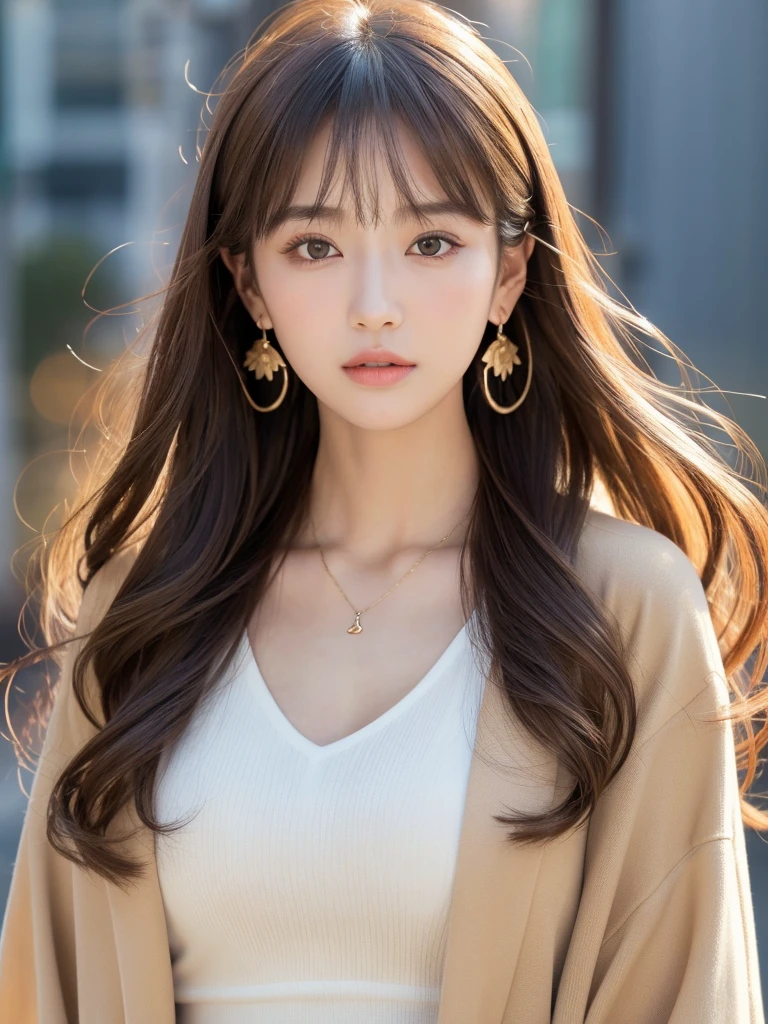 ((Highest quality, 8K, masterpiece:1.3)), concentrate: 1.2, Perfect body beauty: 1.4, Hips: 1.2, ((Long Hair, chest: 1.2)), (Dry clothes: 1.1) , (clear, Simple Background:1.3), Simple clothes: 1.1, Highly detailed face and skin texture,Delicate eyes, double eyelid, Whitened skin, Rough skin、Long Hair、Earrings with bangs、necklace、 solo、Beige coat、White shirt, (((Beautiful girl with cute Japan)))、 ((Beautiful Japanese girl 20 years old))、 ((Baby Face))、 (((Slender body)))、 Upper Body,Face focus、necklace,Simple Background,From above, Realistic Hair、 A photograph was taken:Canon EOS R6、135mm、1/1250 seconds、f2.8、ISO400、(Detailed explanation of the hand)、(Masseter muscle area)、(Exquisite CG)、Long Hair, loose and curly hair、Korean Hair、Long Hair明るいベージュ色、グラデーションハイライトグレージュのゆるふわLong Hairスタイル、
