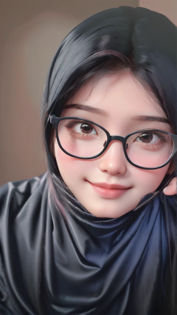 best quality, 27's years old women, solo, cartoon portrait , simple background, black long hair fluttering hair, pink lips, black shirt, black glasses, smile on her face, closed his eyes