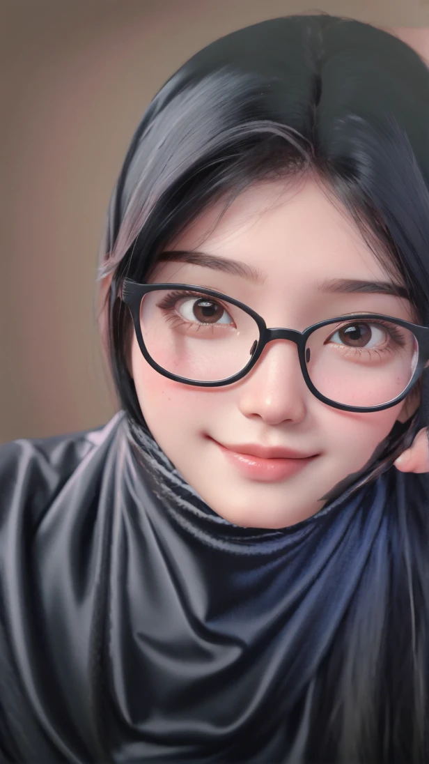 best quality, 27's years old women, solo, cartoon portrait , simple background, black long hair fluttering hair, pink lips, black shirt, black glasses, smile on her face, closed his eyes