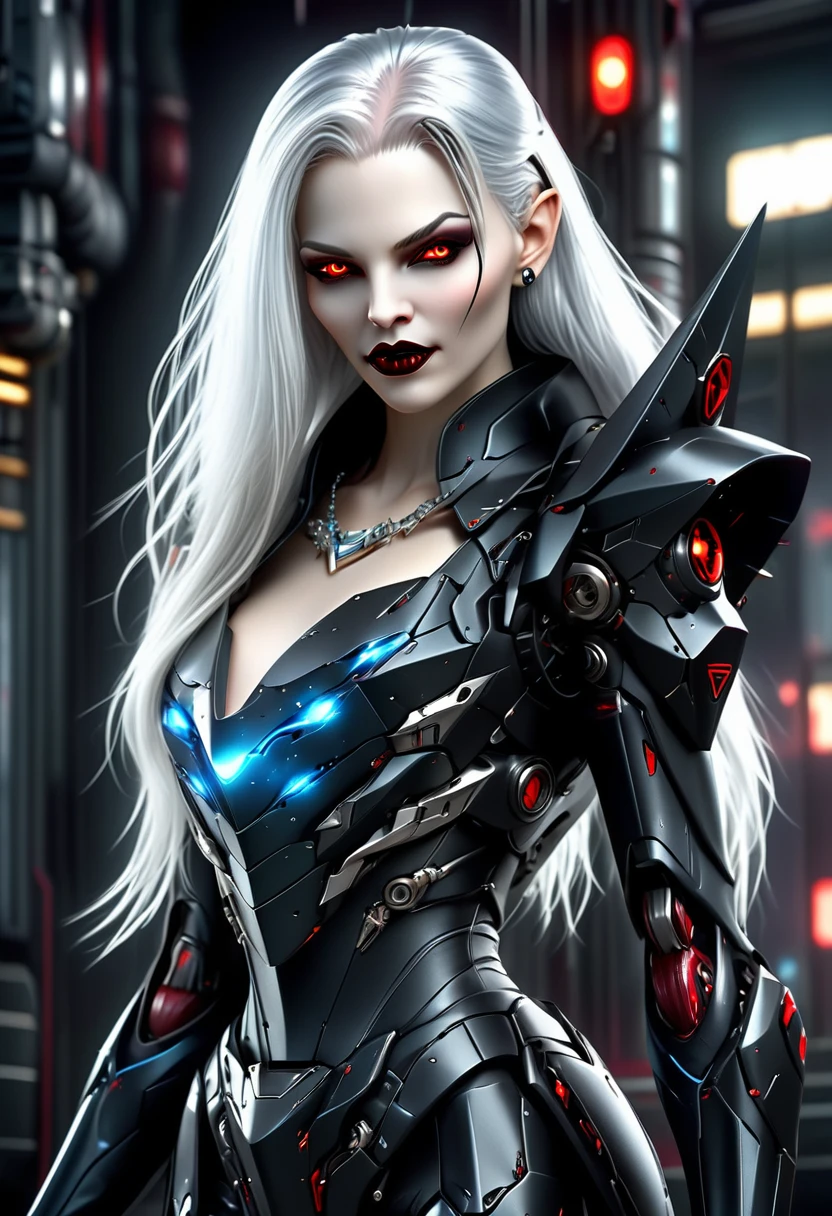 ((a photorealistic glamour shot of an exquisite, glamour mecha female vampire: 1.5)), ((full body: 1.3)), ultra feminine, pale face, silver hair, long vibrant shiny hair, glamorous hair,  red eyes, miniatures mechanical , deep  eyes, red lips,  lips, ((two visible vampiric fangs: 1.5), drops of blood dripping from the mouth, ((cyberpunk style: 1.5)), she wears (blue elegant glamour dress, with small delicate mechanical parts: 1.4), digital parts,  intricate details, the dress is studded with diamonds, tight suit, dynamic color, high heels, cyberpunk street at night background, (highest quality:1.2, Very detailed, up to date, Vibrant, Ultra-high resolution, High Contrast, masterpiece:1.2, highest quality, Best aesthetics), best details, best quality, highres, ultra wide angle, 16k, [ultra detailed], masterpiece, best quality, (extremely detailed), Genetically modified..., Cinematic Hollywood Film, nijimecha, aetherpunkai