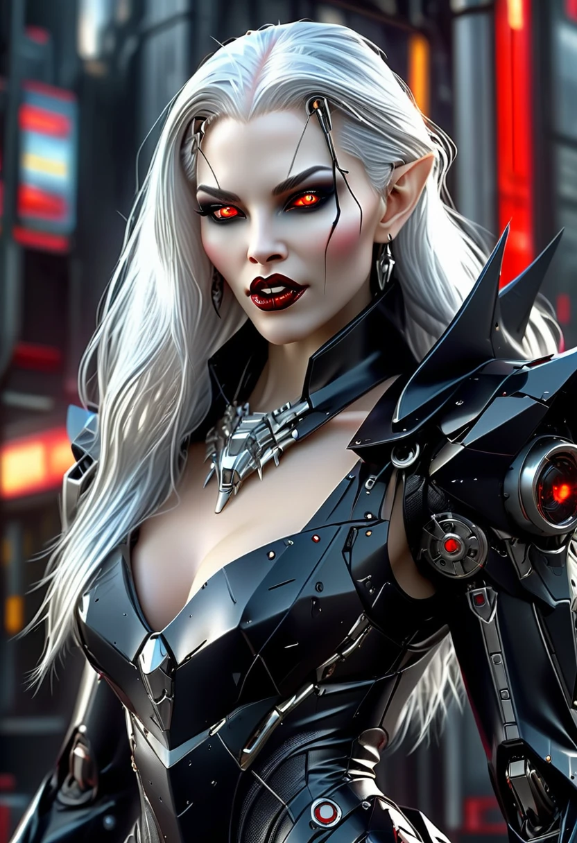 ((a photorealistic glamour shot of an exquisite, glamour mecha female vampire: 1.5)), ((full body: 1.3)), ultra feminine, pale face, silver hair, long vibrant shiny hair, glamorous hair,  red eyes, miniatures mechanical , deep penetrating eyes, red lips, lustful lips, ((two visible vampiric fangs: 1.5), drops of blood dripping from the mouth, ((cyberpunk style: 1.5)), she wears (blue elegant glamour dress, with small delicate mechanical parts: 1.4), digital parts,  intricate details, the dress is studded with diamonds, tight suit, dynamic color, high heels, cyberpunk street at night background, (highest quality:1.2, Very detailed, up to date, Vibrant, Ultra-high resolution, High Contrast, masterpiece:1.2, highest quality, Best aesthetics), best details, best quality, highres, ultra wide angle, 16k, [ultra detailed], masterpiece, best quality, (extremely detailed), Genetically modified..., Cinematic Hollywood Film, nijimecha, aetherpunkai