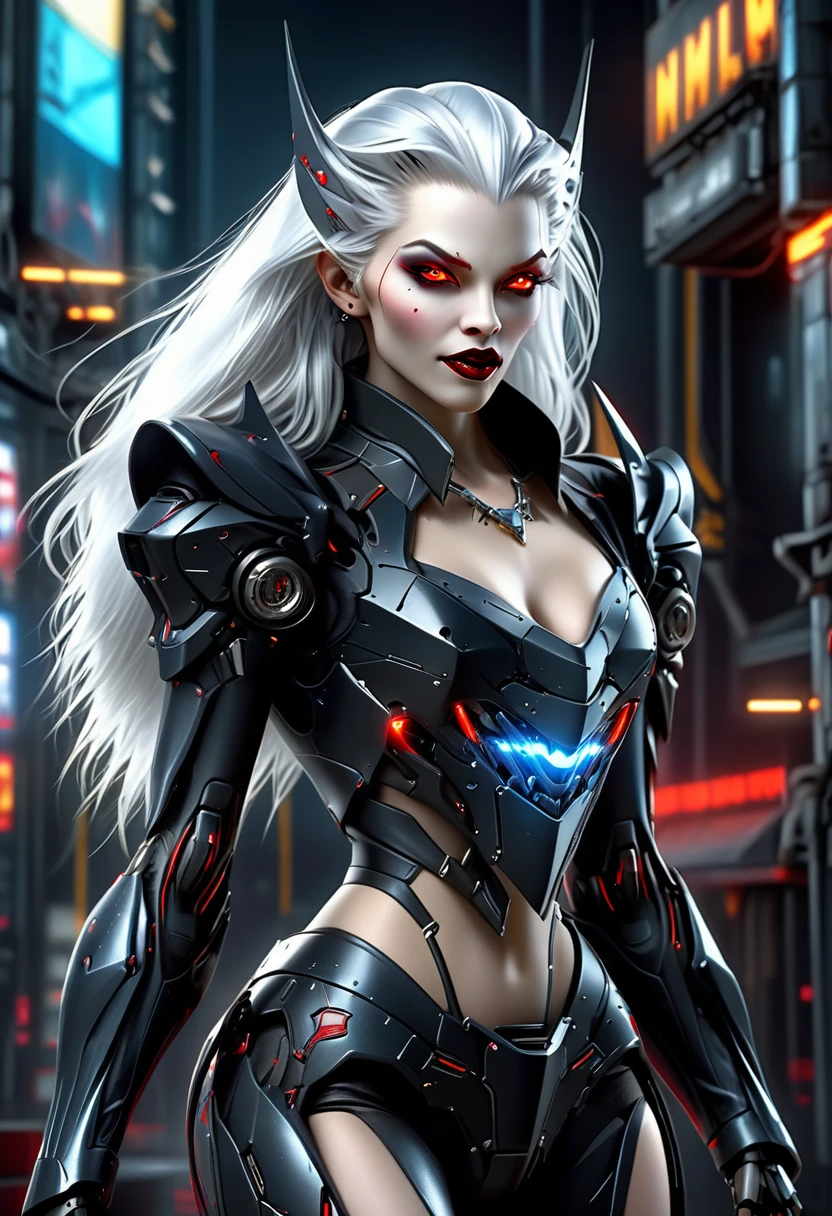 ((a photorealistic glamour shot of an exquisite, glamour mecha female vampire: 1.5)), ((full body: 1.3)), ultra feminine, pale face, silver hair, long vibrant shiny hair, glamorous hair,  red eyes, miniatures mechanical , deep penetrating eyes, red lips, lustful lips, ((two visible vampiric fangs: 1.5), drops of blood dripping from the mouth, ((cyberpunk style: 1.5)), she wears (blue elegant glamour dress, with small delicate mechanical parts: 1.4), digital parts,  intricate details, the dress is studded with diamonds, tight suit, dynamic color, high heels, cyberpunk street at night background, (highest quality:1.2, Very detailed, up to date, Vibrant, Ultra-high resolution, High Contrast, masterpiece:1.2, highest quality, Best aesthetics), best details, best quality, highres, ultra wide angle, 16k, [ultra detailed], masterpiece, best quality, (extremely detailed), Genetically modified..., Cinematic Hollywood Film, nijimecha, aetherpunkai