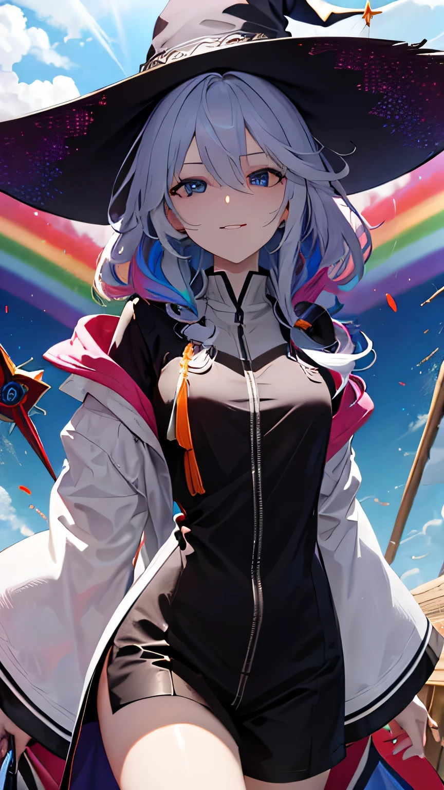 ((rainbow hair)), hair over shoulder, messy hair, hair over eyes, witch hat, wizard hat, grin, bright pupils, happy, anime, cinematic lighting, UHD, ((masterpiece)), super detail, (detailed eyes, detailed face), high quality, highres, high details, Witch with powerful magical light, female wizard, wide-brimmed hat, wizard's staff, wand, A torrent of light, colorful rays intersecting, (Right arm thrust out in front), orange costume, light blue hair, perfect body, sexy