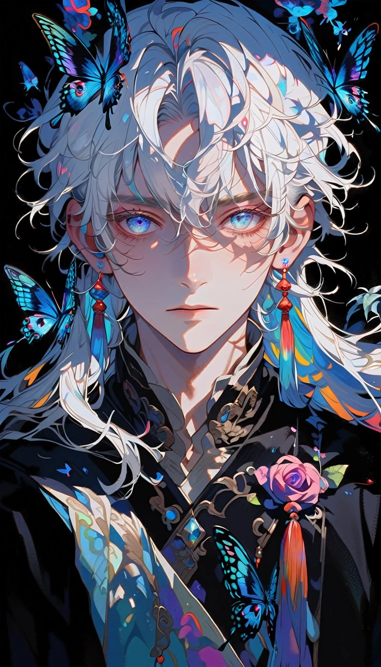 masterpiece, Male focus, 1 boy, solitary, White hair, tassel earrings, tassel, Jewelry, earrings, black background, blue eyes, Long hair, crystal, Butterfly, Upper Body, Colorful hair,Pearlescent Rose,Personal,The eyes are depicted in great detail