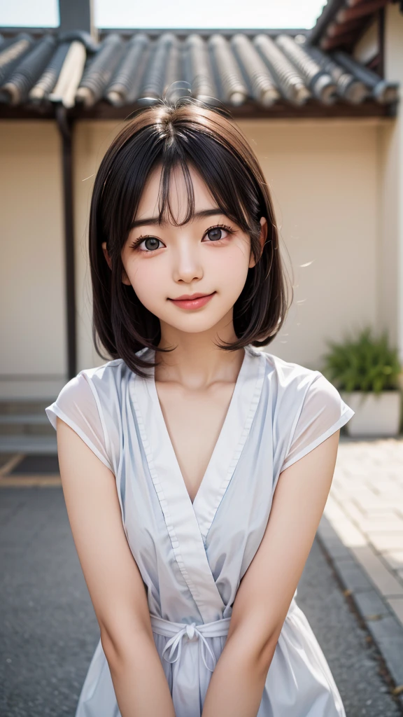 Best image quality, Focus, Soft light, Black hair, (Japanese)), (((Front, ))), (Depth of field), Ultra high resolution, (Real: 1.4), RAW photo, ((( 裸エプロン))), smiling face
