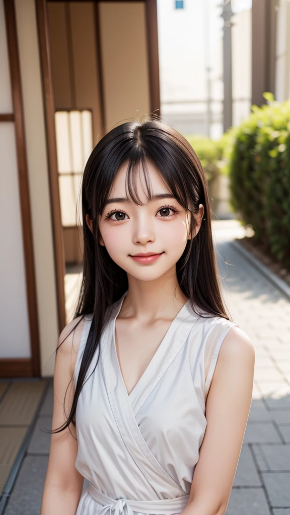 Best image quality, Focus, Soft light, Black hair, (Japanese)), (((Front, 15years old))), (Depth of field), Ultra high resolution, (Real: 1.4), RAW photo, ((( 裸エプロン))), smiling face
