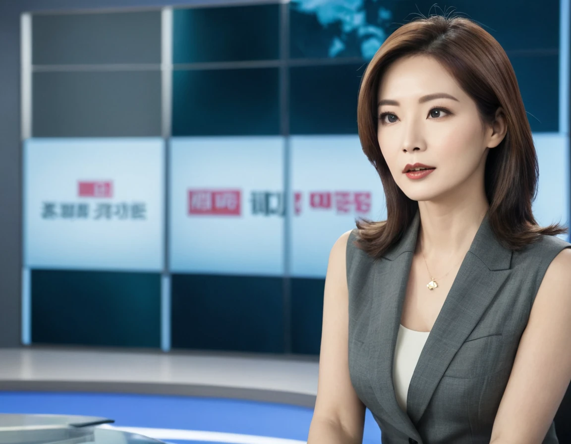 A female news anchor is talking,There is a large monitor behind the news anchor.