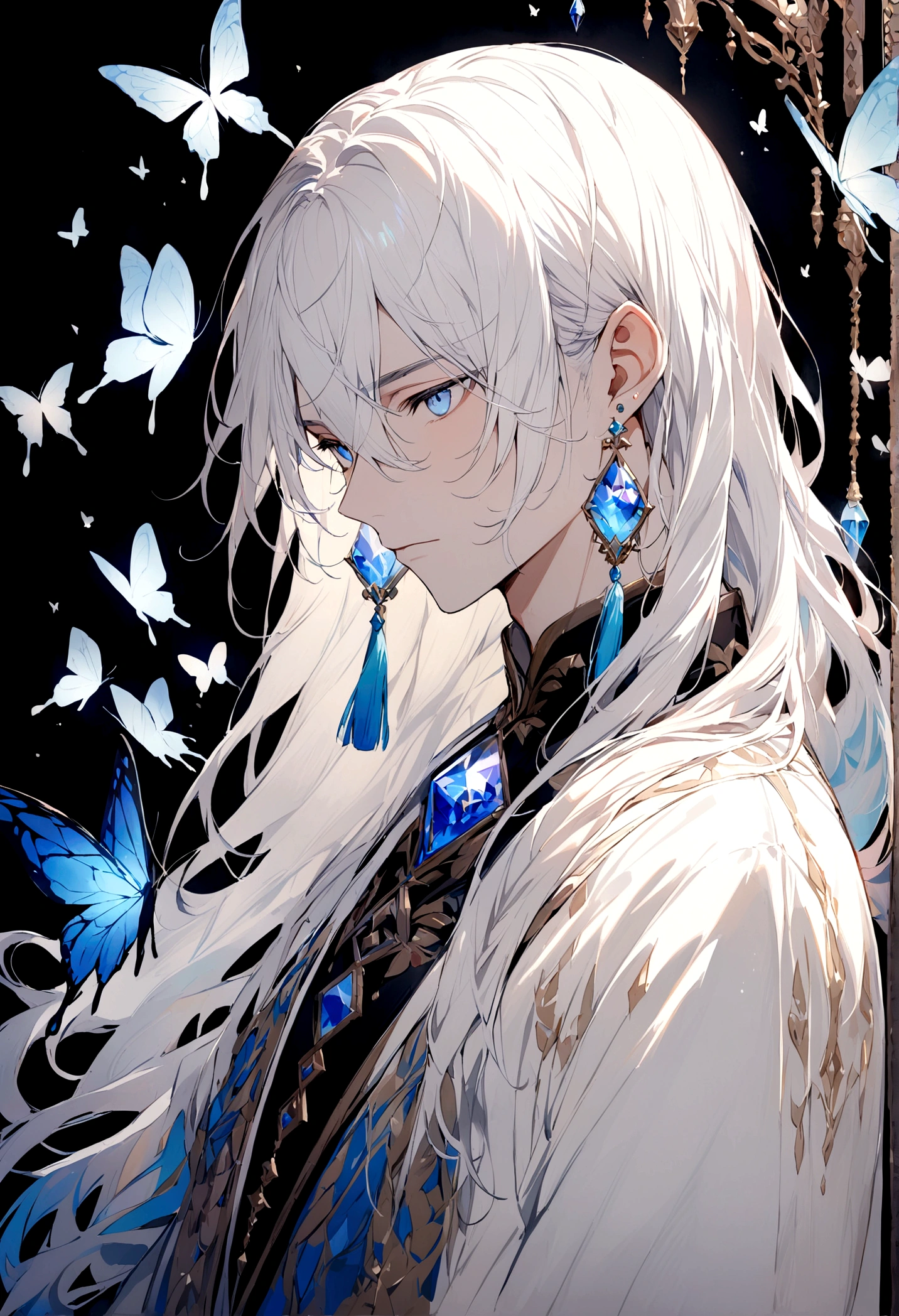 masterpiece, Male focus, 1 boy, solitary, White hair, tassel earrings, tassel, Jewelry, earrings, black background, blue eyes, Long hair, crystal, Butterfly, Upper Body, Colorful hair，Pearlescent Rose，Personal，The eyes are depicted in great detail