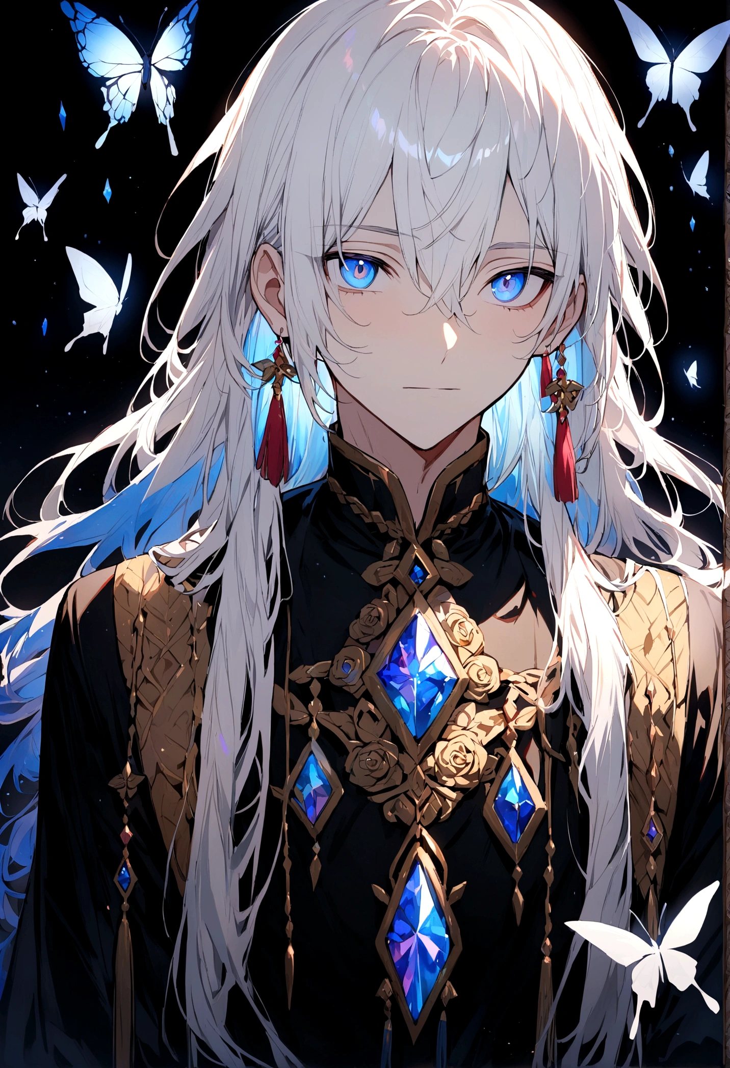 masterpiece, Male focus, 1 boy, solitary, White hair, tassel earrings, tassel, Jewelry, earrings, black background, blue eyes, Long hair, crystal, Butterfly, Upper Body, Colorful hair，Pearlescent Rose，Personal，The eyes are depicted in great detail