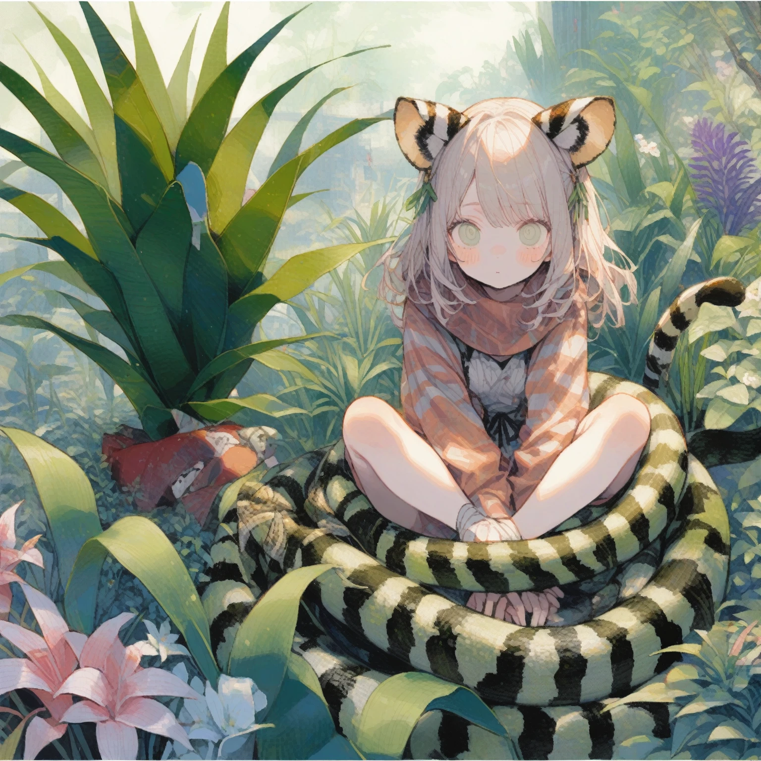1girl、Dracaena trifasciata (Prain) Mabb.、「perpetual」「immortal」、Snake Plant、Tiger ears、Tiger tail、Sansevieria Laurentii、The edges of the leaves are white、The leaves have white stripes、Big snake、Confused eyes、tegaki