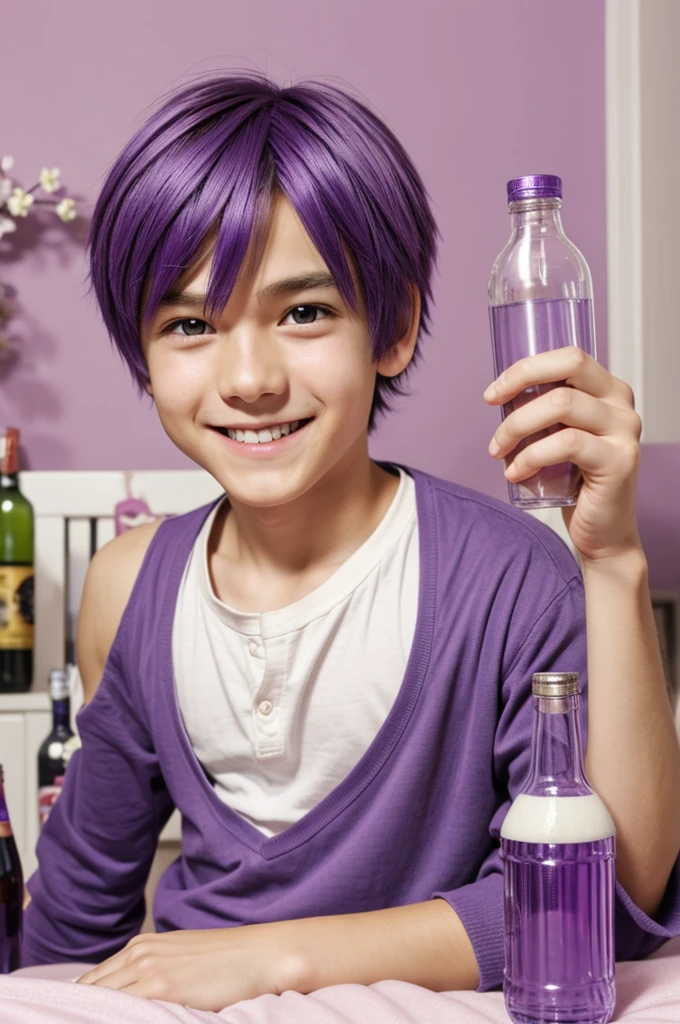Anime boy, bedroom, holding out bottle, alcohol bottle, smile, perfect face, perfect eyes, short hair, purple hair, cute, kawaii background