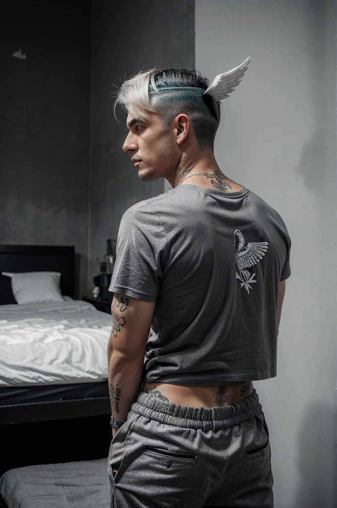 Back Man, gray hair with angel wings in the back , tattoo , tee shirt noir pantalon blanc