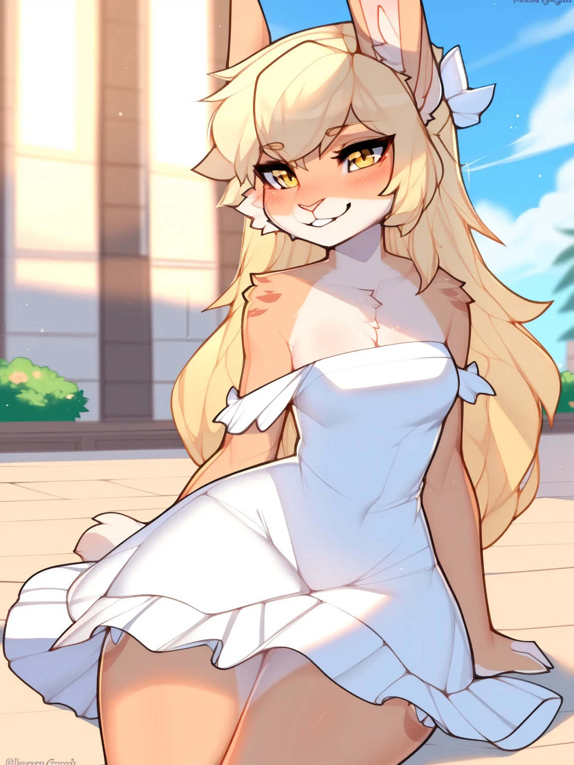 sfw, by claweddrip, by ressue, by pudgeruffian, by fleet-foot, by thericegoat, best quality, masterpiece, solo, female, rabbit, rabbit tail, (lop ears:1.1), blonde hair, long straight hair, beige fur, yellow eyes, bright eyes, medium breast, sundress, white sundress, off-shoulder, frills, gentle smile, plaza scenery