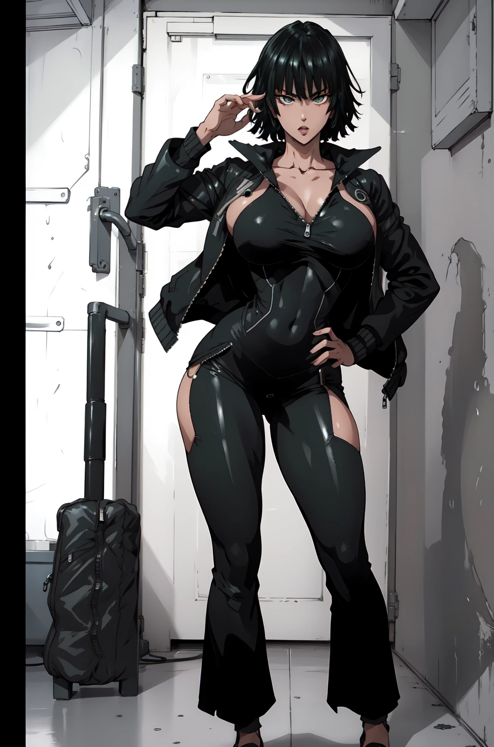 Fubuki from one punch man (((standing in sexy pose))) top view((jacket unzipped) height 198 age 30 detailed image 