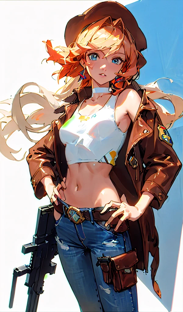 5 point perspective, 1 girl, masterpiece, macross delta splash art, best quality, white tank top, midriff, short blue jeans, small breasts, cowboy hat, gun holster on hip, highly detailed gun, realistic gun, Colt Peacemaker in hand, gun aimed forward, sheriff badge, bullets on belt, brown leather duster, leather overcoat, detailed eyes, sparkling eyes, beautiful hands, highly detailed hands, straight hands, shiny skin, shiny hair, blue eyes, light blonde hair, tall, long hair, straight hair, full body, American flag