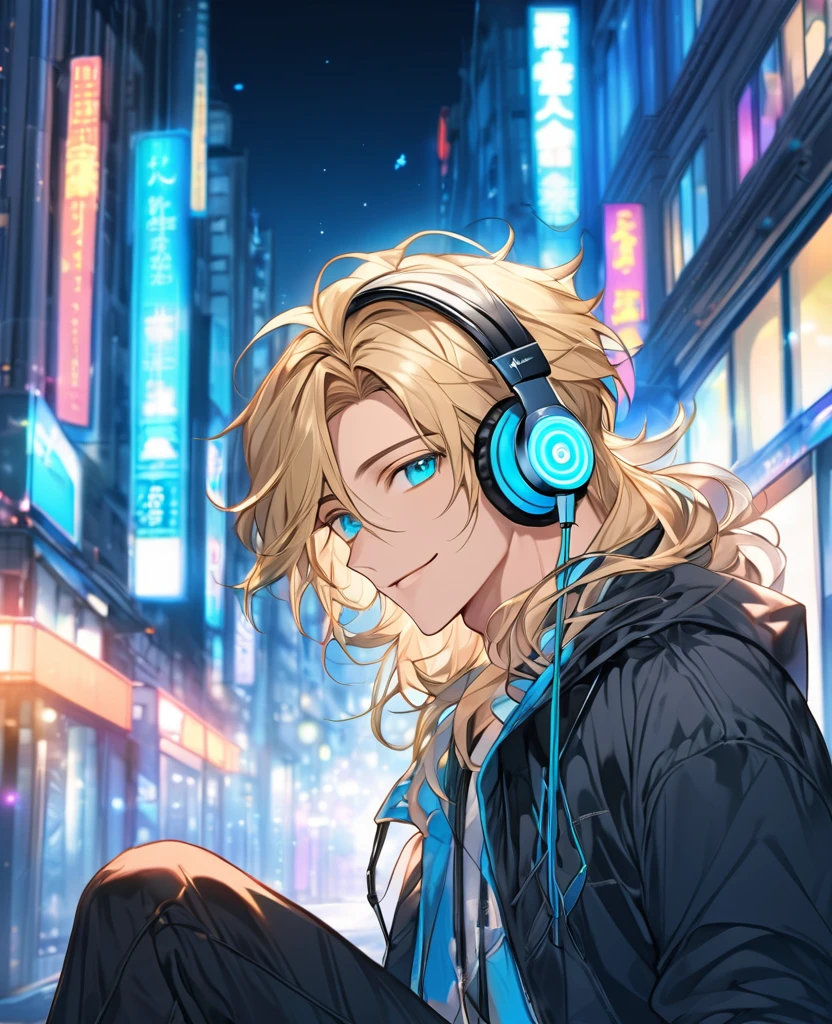(Blonde_hair),(long_male_hair), (cyan_vibrant_eyes), (detailed_eyes), (warm_smile), (attractive), (background_colorful_night_city), (male), (detailed_Hair), (detailed), (wears_18's_outfit), (uses_headphones),