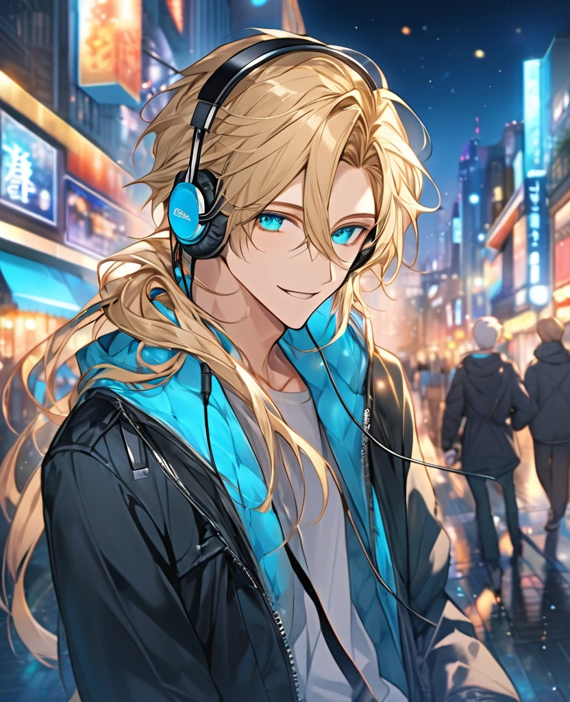  (Blonde_hair),(long_male_hair), (cyan_vibrant_eyes), (detailed_eyes), (warm_smile), (attractive), (background_colorful_night_city), (male), (detailed_Hair), (detailed), (wears_18's_outfit), (uses_headphones),