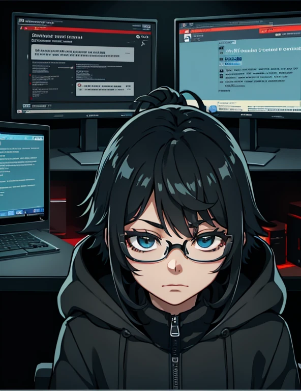 Glasses, Hooded, Short Black Hair, Black Eyes, Using a computer in a dark room and open the kali linux operating system on the computer screen, write codes in the terminal in kali linux, Cyber Security and Hacker Male