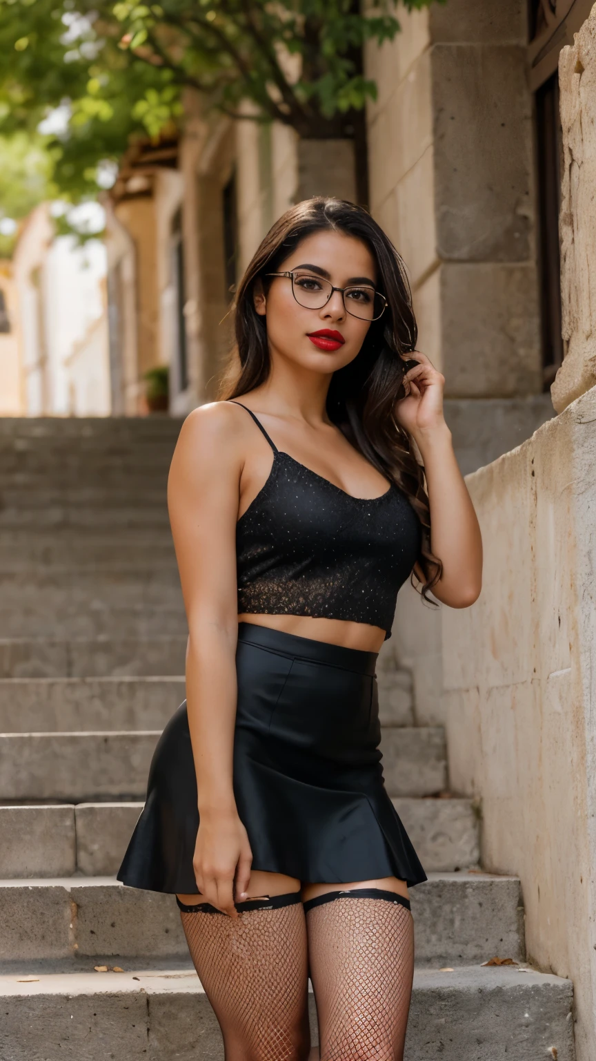 Adriana Morales is a beautiful young Spanish woman, beautiful rectangular face, she wears glasses, subtle make-up, red lipstick, elegant, muito detalhado, soft skin, beautiful eyes, slick hair, She is wearing high heels, fishnet stockings and a very short black skirt, red tank top, arms free, it stands on a stone staircase in a historic old town, standing split, (best quality,4K,8K,highres,masterpiece:1.2), ultra-detailed,realistic:1.37, HDR, uhd, atmospheric light, bokeh, (distance shot: 1.8), (whole body photo:1.9), from a distance, slightly taken from below, (legs and shoes are in focus:1.4)