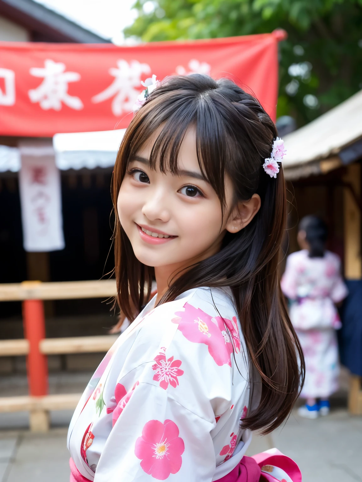 (Best-quality, Masterpiece, Ultra-High-Resolution, (Photorealistic:1.4), Raw Photo, depth of field, professional lighting, perfect anatomy, extremely details), 1girl, 15-years-old, the most famous Japanese idol, looking at viewer, innocent smile, ((having fun at Japanese traditional festival, wearing YUKATA with cute-design, upturned ass)), dynamic pose, (extremely cute face like the most popular Japanese idol, ((extremely cute and extremely big eyes)), extremely realistic hair, extremely beautiful and extremely realistic skins), extremely cute long-eyelashes, extremely cute lips