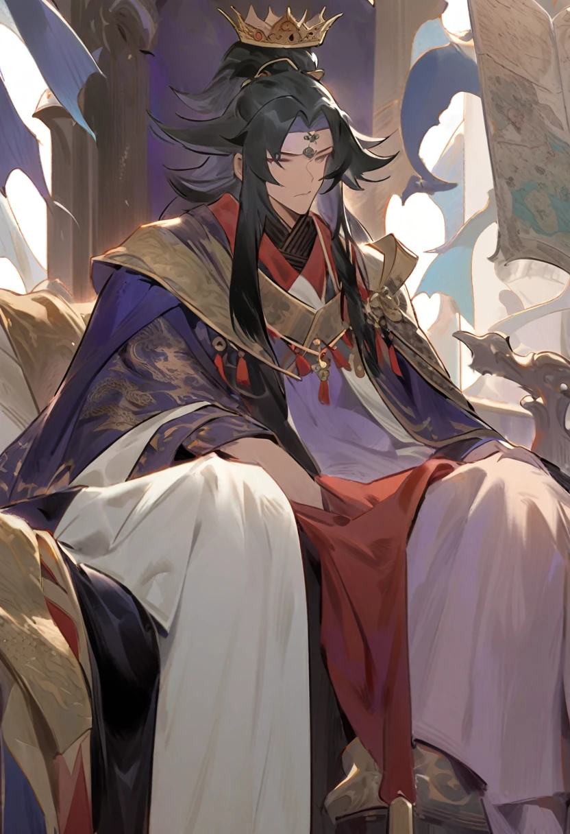 A cunning and strategic portrait of Cao Cao, a warlord from the Three Kingdoms era. He wears a royal robe with dragon patterns, a crown, and has a sharp, intelligent look. He is seated on a throne, holding a fan, surrounded by maps and scrolls.