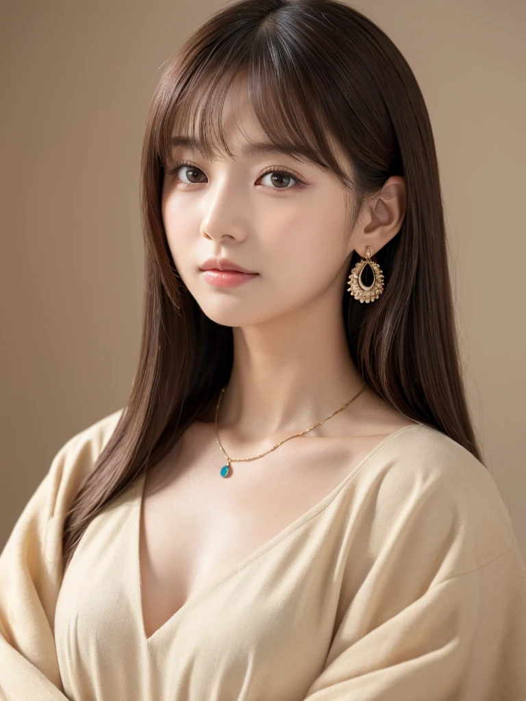 ((Highest quality, 8K, masterpiece:1.3)), concentrate: 1.2, Perfect body beauty: 1.4, Hips: 1.2, ((Long Hair, chest: 1.2)), (Dry clothes: 1.1) , (clear, Simple Background:1.3), Simple clothes: 1.1, Highly detailed face and skin texture,Delicate eyes, double eyelid, Whitened skin, Rough skin、Long Hair、Earrings with bangs、necklace、 solo、Beige coat、White shirt, (((Beautiful girl with cute Japan)))、 ((Beautiful Japanese girl 20 years old))、 ((Baby Face))、 (((Slender body)))、 Upper Body,Face focus、necklace,Simple Background,From above, Realistic Hair、 A photograph was taken:Canon EOS R6、135mm、1/1250 seconds、f2.8、ISO400、(Detailed explanation of the hand)、(Masseter muscle area)、(Exquisite CG)、Long Hair, loose and curly hair、Korean Hair、Long Hair明るいベージュ色、グラデーションハイライトグレージュのゆるふわLong Hairスタイル、