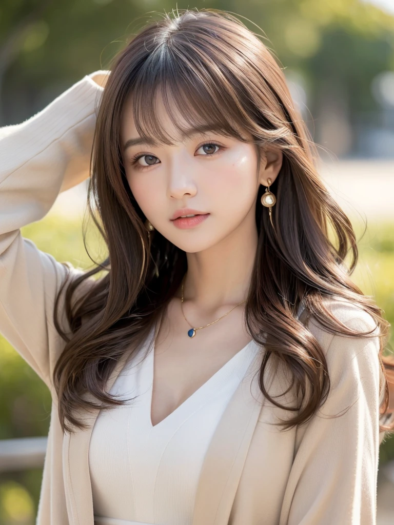 ((Highest quality, 8K, masterpiece:1.3)), concentrate: 1.2, Perfect body beauty: 1.4, Hips: 1.2, ((Long Hair, chest: 1.2)), (Dry clothes: 1.1) , (clear, Simple Background:1.3), Simple clothes: 1.1, Highly detailed face and skin texture,Delicate eyes, double eyelid, Whitened skin, Rough skin、Long Hair、Earrings with bangs、necklace、 solo、Beige coat、White shirt, (((Beautiful girl with cute Japan)))、 ((Beautiful Japanese girl 20 years old))、 ((Baby Face))、 (((Slender body)))、 Upper Body,Face focus、necklace,Simple Background,From above, Realistic Hair、 A photograph was taken:Canon EOS R6、135mm、1/1250 seconds、f2.8、ISO400、(Detailed explanation of the hand)、(Masseter muscle area)、(Exquisite CG)、Long Hair, loose and curly hair、Korean Hair、Long Hair明るいベージュ色、グラデーションハイライトグレージュのゆるふわLong Hairスタイル、