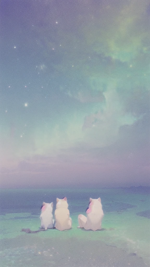 (Soft pastel colors:1.2)、Animals staring into space、From the back、sit side by side、Attractive blue、Surreal、Whimsical、Magical、Fantasy、dream-like、warm