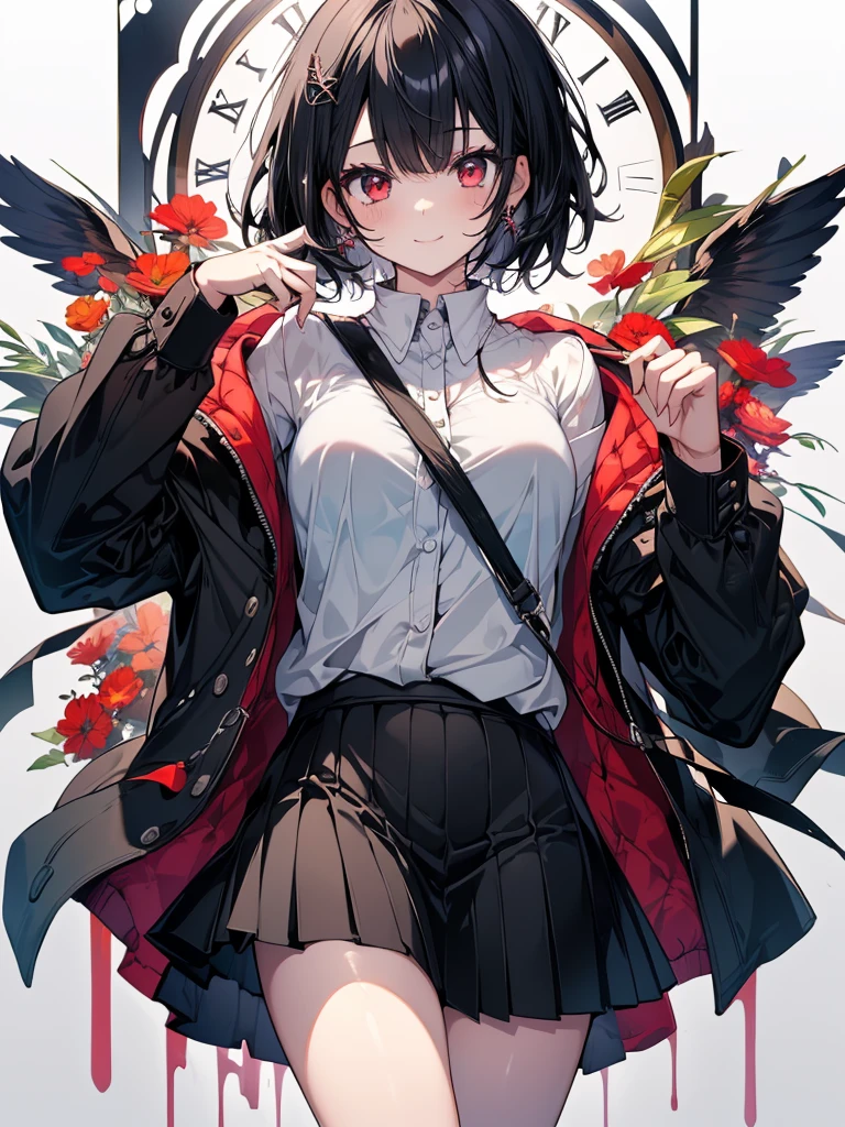 (masterpiece, highest quality, highest quality, (No text), Beautiful and aesthetic:1.2),No text,アニメ、 BREAK,One Girl,Short black hair Beautiful eyes Red eyes Beautiful girl cool smile Black Coat mini skirt whole body Night view Detailed eyes and face