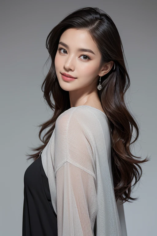 highest quality、8K、Perfect Face、Perfect Style、perfect body、model、Sunburn、beautiful lady、mature、long curly layer brown hair、Swept-back hair、full body, sexy 、charming、healthy、smile、facing forward,pensive expression,standing upright,
BREAK Abstract shapes, deep grayscale tones, polygon fragments, geometric patterns, low-light monochrome background, polygonal shadows, composition of straight lines and sharp angles, facet of modern art, deep textured base for digital art, minimalist style, dynamic contrast of light and shadow, contemporary graphic design, background for visual concepts, upscale matte finish, meticulous attention to detail