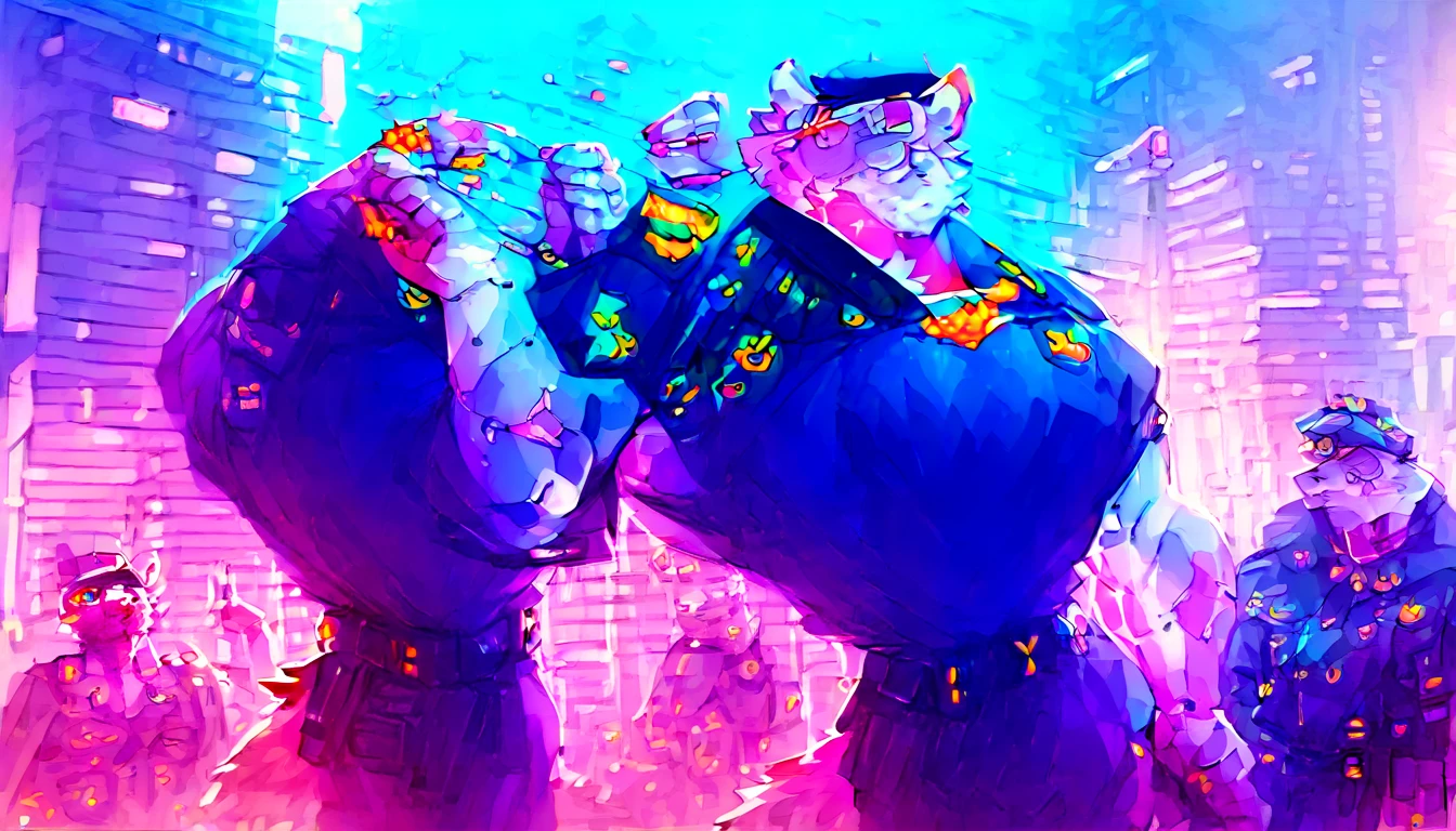 score_9, score_8_up, score_7_up, (cyberpunk city, police office, building on background:1.35),
(([wolf, tiger,cat,bunny]:0.25), anthro, male, (police crew: 1.5), standing, crowd, wearing police uniform, police crew, muscular body, beautiful, (wears cyberpunk additions, without an eye:1.5)