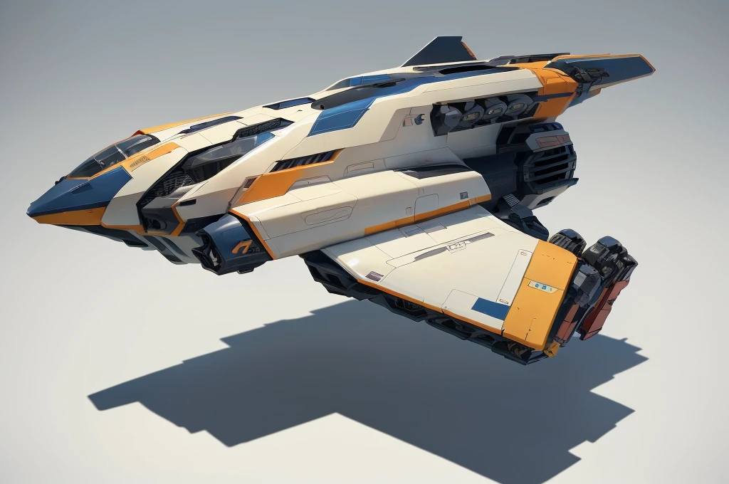 (masterpiece, top quality, best quality, official art, beautiful and aesthetic:1.2),(16k, best quality, masterpiece:1.2), CGgameplane csw, no humans, science fiction, white background, vehicle focus, blue and orange color scheme, military vehicle, military, spacecraft, robot, simple background, mecha, thrusters, flying, realistic,