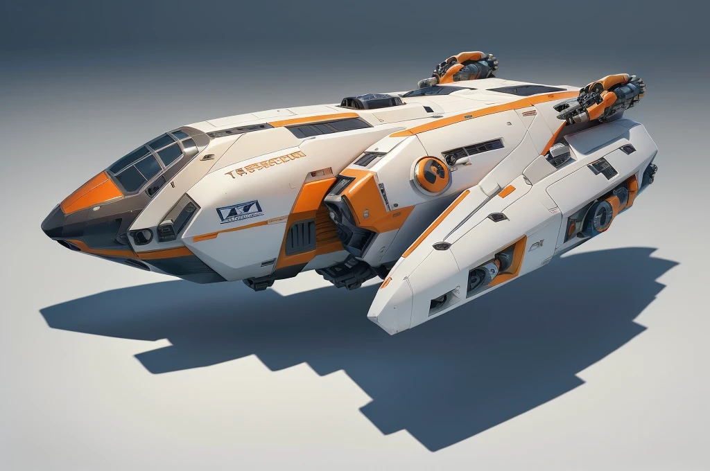 (masterpiece, top quality, best quality, official art, beautiful and aesthetic:1.2),(16k, best quality, masterpiece:1.2), CGgameplane csw, no humans, science fiction, white background, vehicle focus, blue and orange color scheme,  military vehicle, military, spacecraft, robot, simple background, mecha, thrusters, flying, realistic, 