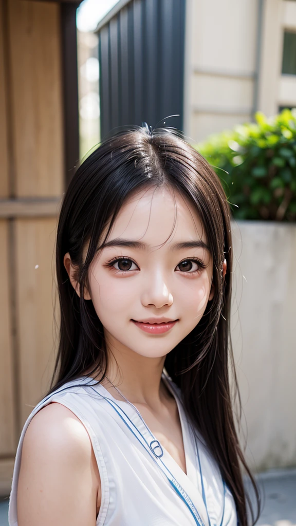 Best image quality, Focus, Soft light, Black hair, (Japanese)), (((Front, 15years old))), (Depth of field), Ultra high resolution, (Real: 1.4), RAW photo, ((( 裸エプロン))), smiling face
