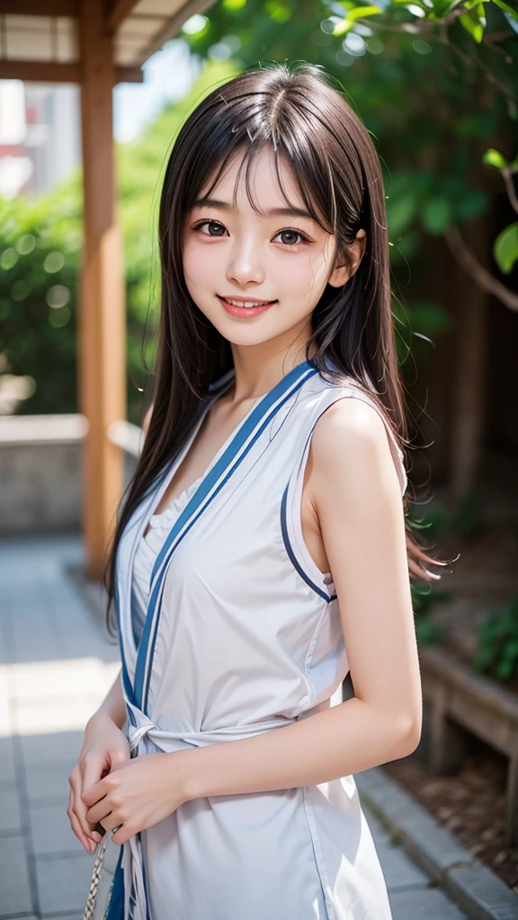 Best image quality, Focus, Soft light, Black hair, (Japanese)), (((Front, 15years old))), (Depth of field), Ultra high resolution, (Real: 1.4), RAW photo, ((( 裸エプロン))), smiling face
