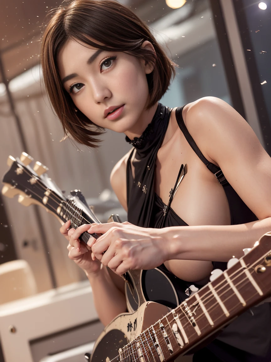 23 years old, big breasts, winter, european cityscape, (play guitar:2),night, outdoors, wearing a black dress,(half body:2), ((8k, RAW photo, highest quality, debris flies:1.2), (reality, reality的な:1.4), (Highly detailed 8k wallpaper), soft light, Details beauty eye, Shiny and smooth light brown hair, shiny skin, super dense skin, High resolution, detailed hairstyle, detailed beauty face, hyper real, perfect limbs, perfect , 1 Japanese girl, perfect female body, shy smile, short eyelashes, double eyelid, Hair style is ponytail, Realistic Red Sotheby Girl Photo, short bob cut,
