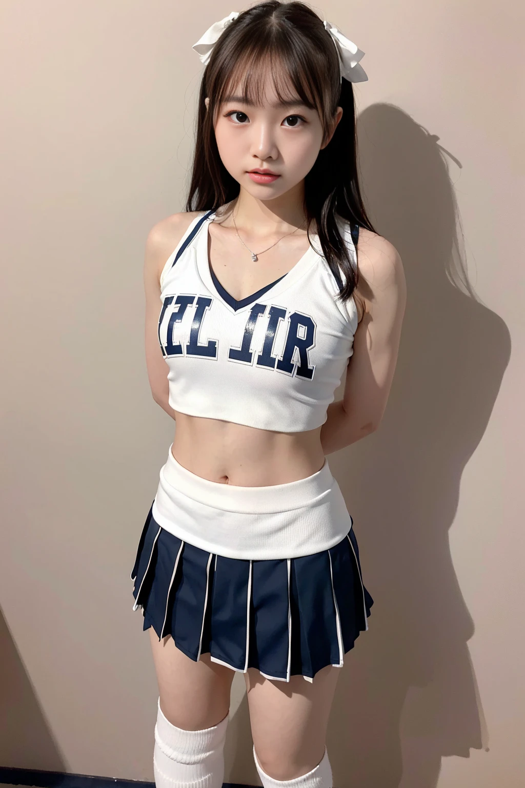 simple background, cowboy shot, symmetrical, uniform spacing, standing straight for camera, ((arms behind back)), one cheerleader girl, (18 years old), ((("CHEER" on chest, pleated mini skirt, socks)))