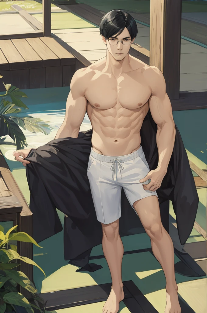masterpiece, best quality, realistic, 1man, male focus, tall muscular, handsome, [thin eyebrows:0.5], serious, shirtless, portrait, extremely detailed face, black hair, (short hair), shirtless, six packs, full body, Japanese, round glasses, relax
