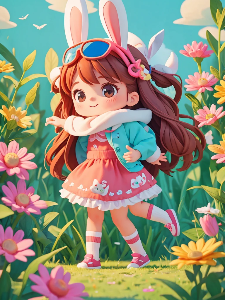 Cute Sarah watching the bunny with excitement in her eyes ixar style, best quality, stills,