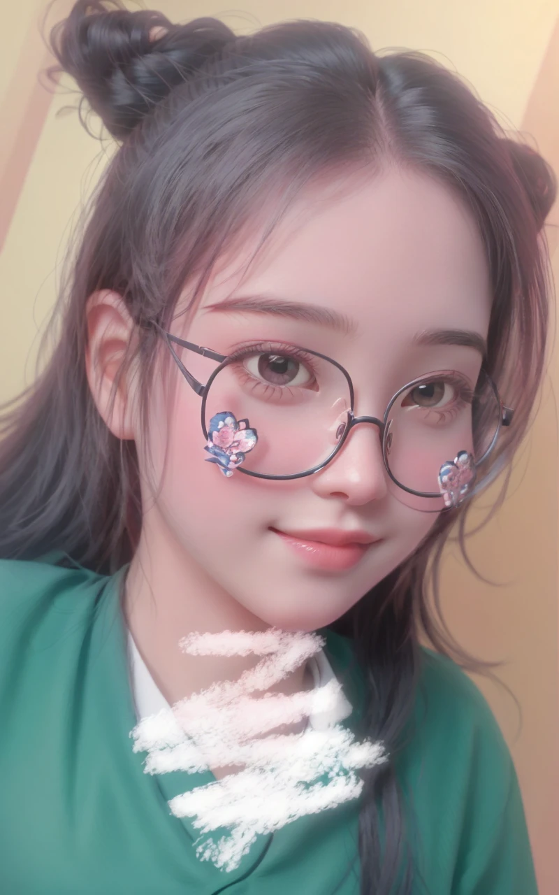 best quality, 27's years old women, solo, cartoon portrait , simple background, black long hair fluttering hair, pink lips, black shirt, black glasses, smile on her face, closed his eyes
