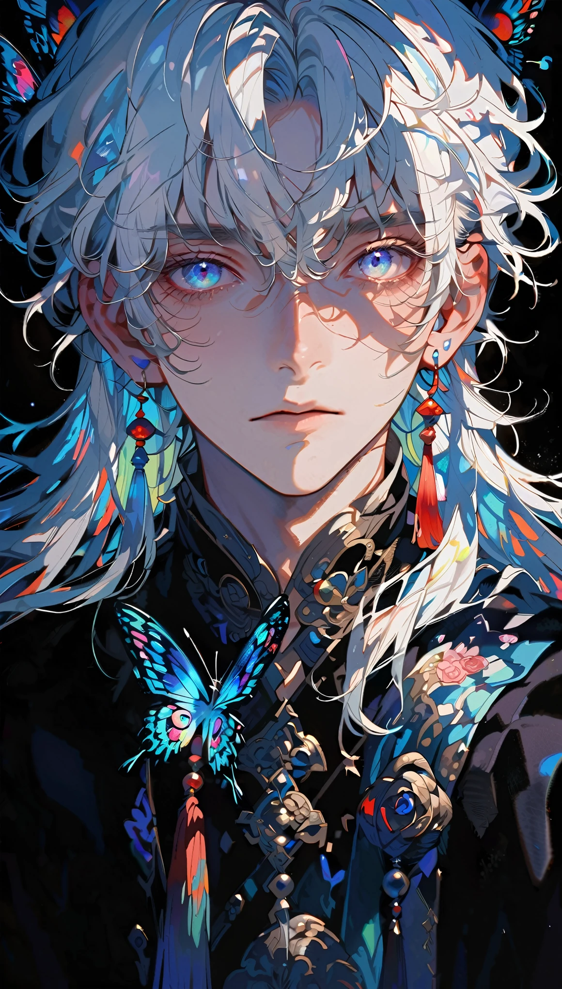 masterpiece, Male focus, 1 boy, solitary, White hair, tassel earrings, tassel, Jewelry, earrings, black background, blue eyes, Long hair, crystal, Butterfly, Upper Body,  Colorful hair，Pearlescent Rose，Personal，The eyes are depicted in great detail