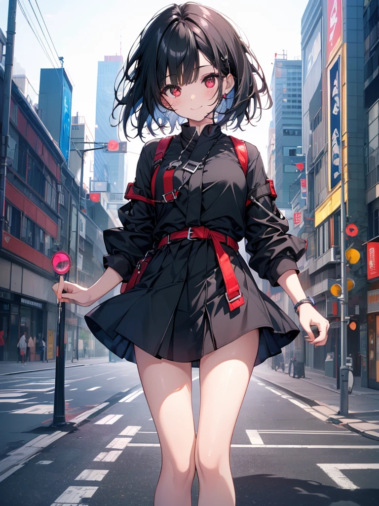 (masterpiece, highest quality, highest quality, (No text), Beautiful and aesthetic:1.2),No text,アニメ、 BREAK,One Girl，Short black hair　Beautiful eyes　Red eyes　Beautiful girl　cool　smile　Black Coat　mini skirt　whole body　Night view　Detailed eyes and face
